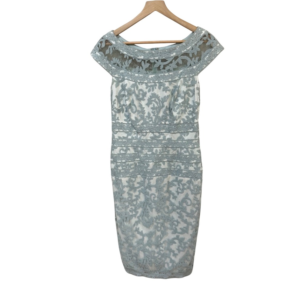 Tadashi Shoji Sheath Dress 4 Light Blue Floral Lace Illusion Off-Shoulder 1846